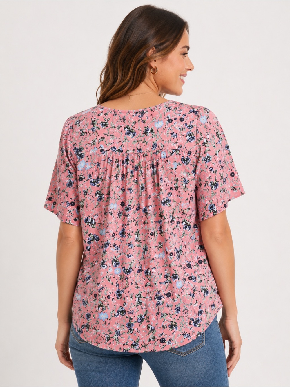Style & Co Floral Pink Print Flutter Sleeve Women's Top 2X Plus Size - Picture 3 of 6